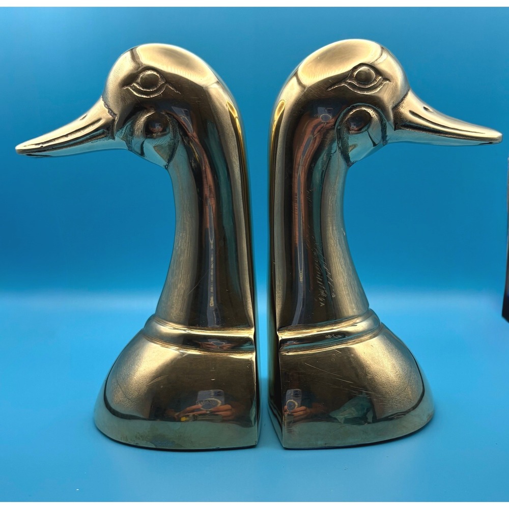 Vintage Brass Duck Head Bookends Set Polished Gold Mallard Decor Made in Korea